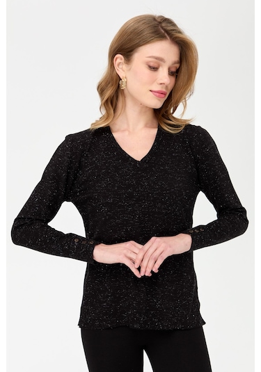 Kadın V Yaka Kolları Düğmeli Simli Bluz Siyah Siyah