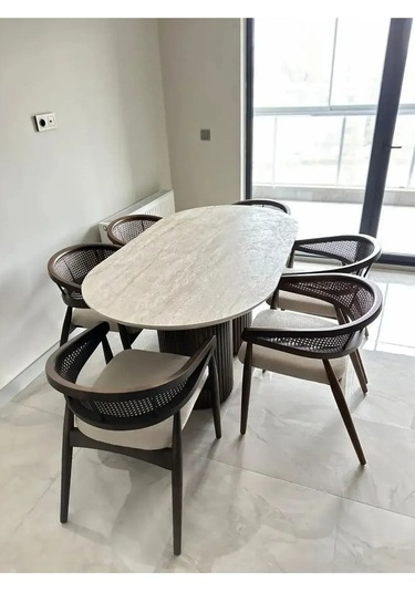 Luis 6 Sandalyeli İskandinav Tarzı Oval Masa Takım Krem