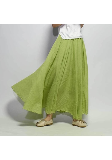 Kadın Zarif Yüksek Bel Keten Maxi Etek Yaz Bayanlar Rahat Elastik Bel 2 Katmanlar Etekler Saia Feminina Açık Yeşil