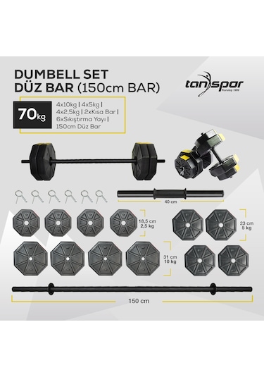 Tan Spor 70 KG Dambıl Halter Ağırlık Fitness Düz Bar Seti Kırmızı Kapaklı 150 CM