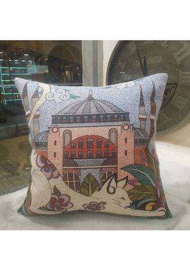 Goblen Dokuma Kedi Figürlü Kırlent Kılıfı