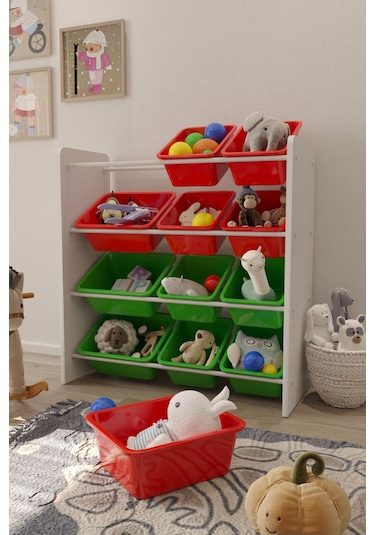 12 Sepetli Çok Amaçlı Oyuncak Dolabı Montessori Dolap Kırmızyeşil Kırmızı - Yeşil