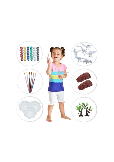 Symbee 6 Adet Pvc Dinozor, 36 Renkli Boya, 6 Fırça İle El Yapımı Boyama Seti - Çocuklar İçin Sanatsal Çalışma Ve Hayal Gücü Geliştirici