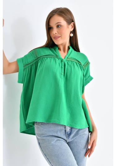 Dantel Detay Kısa Dokuma Bluz Yeşil