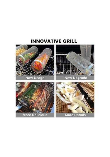 Açık Hava Izgarası İçin Tekerlekli Izgara Sepeti, Paslanmaz Çelik Tel Örgü Silindir Izgara, Barbekü Açık Hava Izgara Ağı Barbekü Ağı Silindiri 7,78 İnç 20 Cm