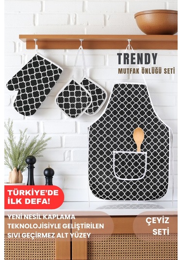 Trendy 3lü Set Sıvı Su Geçirmez Mutfak Önlüğü Isıya Dayanıklı Fırın Eldiveni Ve Tutacak Çeyiz Seti Çizgili Kahve Çok Renkli