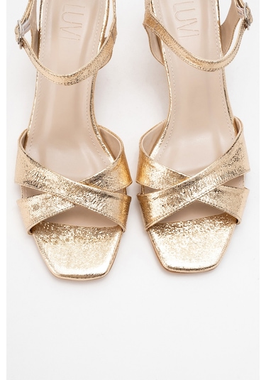Melin Altın Desenli Çapraz Bantlı Kadın Topuklu Ayakkabı Altın