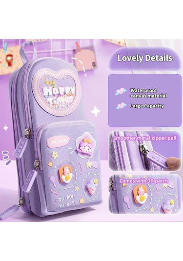 Mufunye Büyük Kapasiteli Kawaii Mor Kalem Kutusu - Sevimli 3 Bölmeli Kırtasiye Düzenleyici Mor