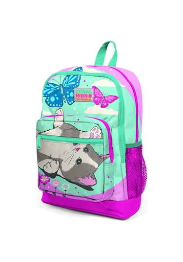 Coral High Kids Su Yeşili Pembe Kedi Desenli Dört Bölmeli Okul Çantası 23707