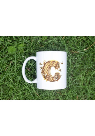 C Harfi Bal Arısı Tasarım Kupa Bardak - Bal Ve Petek Desenli Kişiye Özel Kahve Kupası - Hediyelik Beyaz