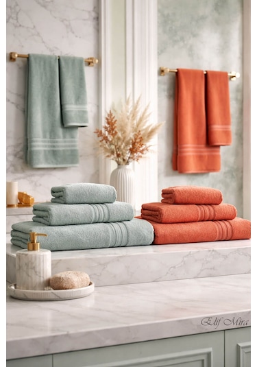 6 Parça Banyo Havlusu Seti Pamuklu 70x140 cm Serenio Mint-kiremit