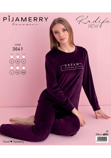 Pijamerry Kadın Kışlık Bisiklet Yaka Kadife Pijama Takımı 3041m - 1 Adet Mor