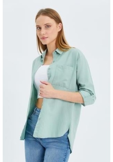 9942 Kadın Oxford Uzun Kol Basic Gömlek Çağla Çağla
