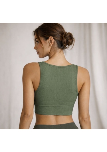 Enva Store Kadın Ribana Askılı Fitilli Crop Haki