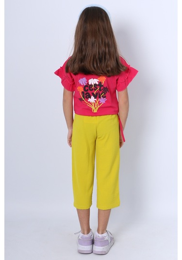 Kız Çocuk İkili Takım Sırt Baskılı Püsküllü Kolları Fıfırlı F20 Fuşya