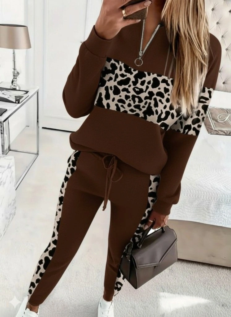 Tua Moda Kadın Uzun Kollu Fermuarlı Karışık Desenli Viskon Iki Iplik Bluz Ve Pantolon Ikili Takım Kahve