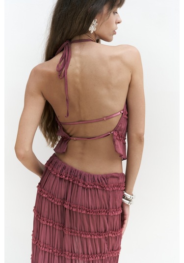 Sofi Transparan Açık Bordo Crop Etek Takım Açık Bordo