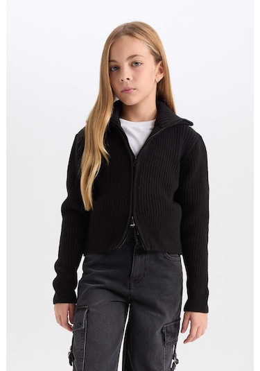 DeFacto Kız Çocuk Basic Düz Dik Yaka Fermuarlı Siyah Triko Hırka C9557A824WNBK27 Siyah