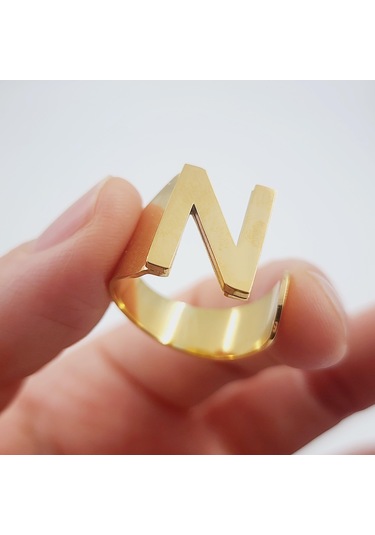 Çelik Gold Düz Kesim Harf Yüzük -n Harfi- Ayarlı Ölçü-1898 Altın