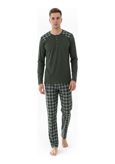 Erkek İnterlok Rahat Kalıp Sıfır Yaka Pamuk Pijama Takımı 6779 Haki