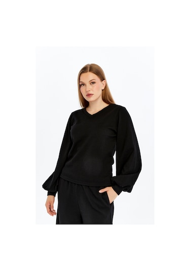 Defys Kadın Dokulu V Yaka Bluz Siyah