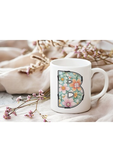 B Harfli Pastel Çiçek Desenli Kahve Kupası - Kişiye Özel Çiçekler Koleksiyonu Bardak - Hediye Beyaz