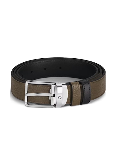 Montblanc Günlük Tokalı Haki - Siyah 30 Mm Çift Taraflı Deri Keme Yeşil