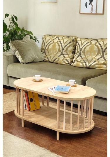 Orta Sehpa Ahşap Ayaklı Sehpa İki Raflı Sehpa Dekoratif Sehpa Gazetelikli Safir Meşe