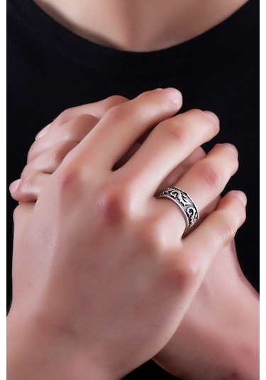 Erkek Antik Gümüş Kaplama Ejderha Baskılı  Yüzük Çok Renkli