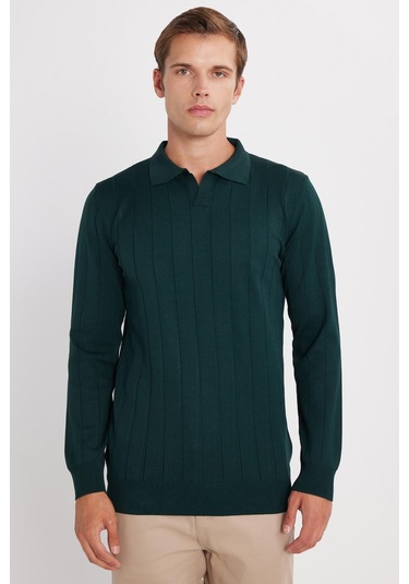 Erkek Slim Fit Dar Kesim Uzun Kol Polo Yaka Çizgili Yeşil Kazak-35795 Yeşil