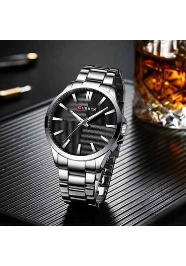 Leezsing Curren Erkek Kol Saati 3atm Su Geçirmez Kuvars Hareketli Çelik Kayışlı Beyaz Kasa Siyah Kadran Çok Renkli