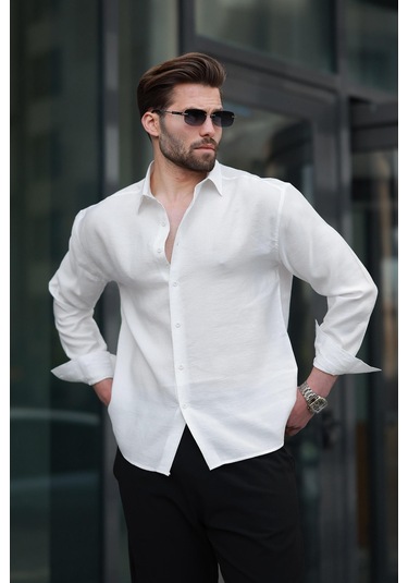 Madmext Beyaz Basic Uzun Kollu Erkek Gömlek E6762 Beyaz