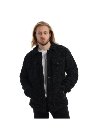 Erkek Kıvırcık Peluş Cıt Cıt Kapamalı Ceket Siyah