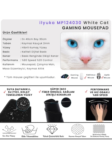 40x30cm Gaming Oyuncu Mousepad White Cat Mp124030