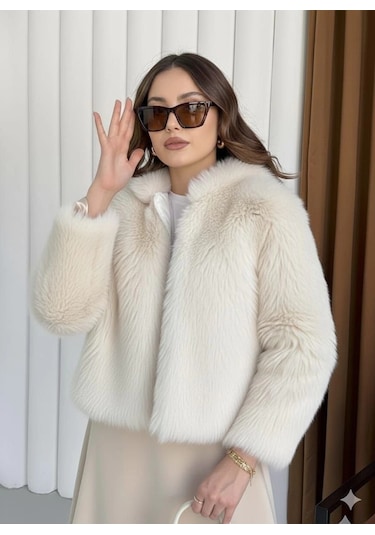 Fermuarlı Kısa Kürk Siyah Ekru T7746 Ekru