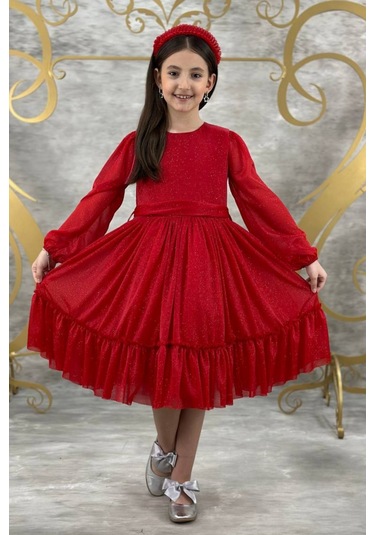 Zarif Simli Kız Çocuk Kırmızı Elbise 001