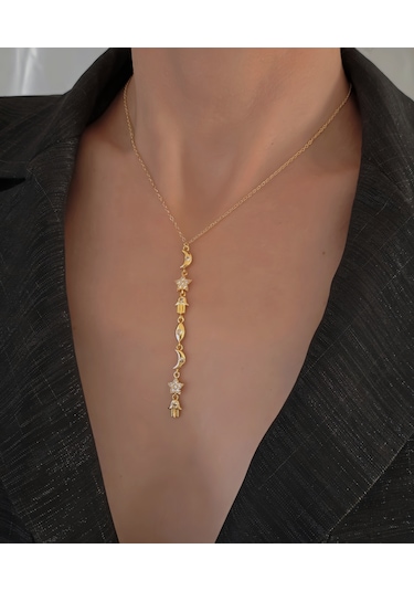 Manifest Y Dikey Sembollü Hamsa Ay Yıldız Figürlü Kolye Gold