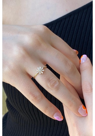 Zümrüt Sarraf 14 Ayar Yeşil Altın Kadın Minimal Taşlı Papatya Yüz 553891797