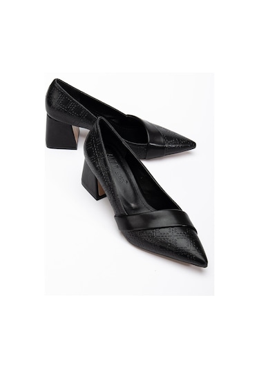 Kadın Topuklu Ayakkabı Siyah Baskılı Deri Yanyüzlü Sivri Kalıp-3577 Siyah