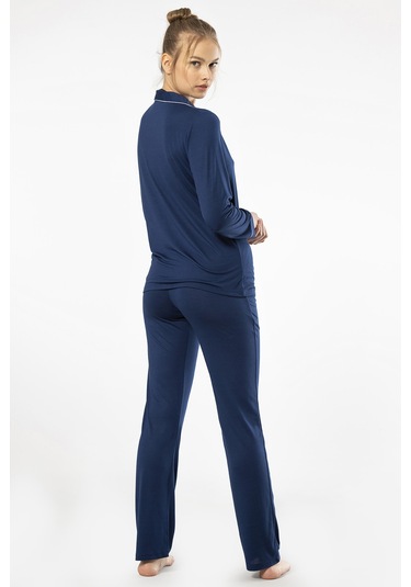 Türen 3365 Kadın Uzun Kollu Gömlek Yaka Pijama Takım-lacivert Lacivert
