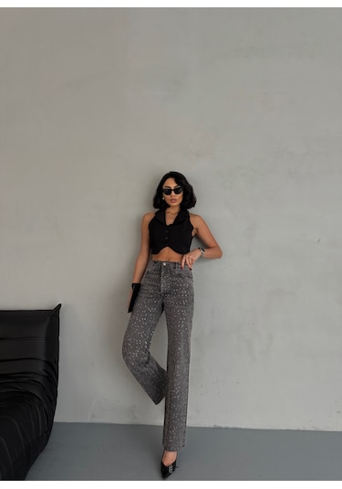 Kadın Taşlı Premium Gri Kot Pantolon Gri