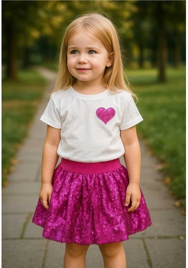 Kız Çocuk Mor Kalp Desenli Pullu Pamuklu Prenses Takım Pembe