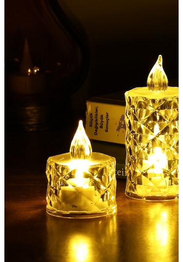 3 Lü Elmas Kristal Desenli Led Mum Seti Pilli Dumansız Alevli Dekoratif Yapay Mum Sarı