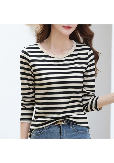 İlkbahar Ve Sonbahar Kadın Bluz Yuvarlak Yaka Moda Şerit İnce Uzun Kollu Üst Siyah