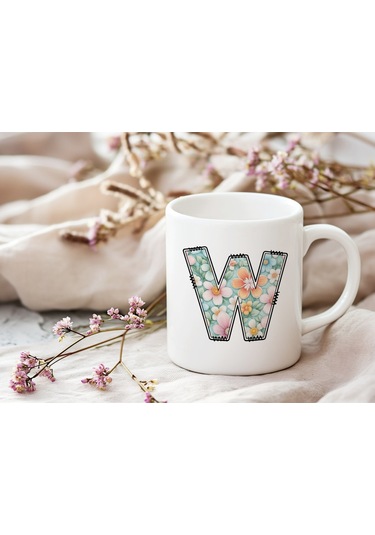 W Harfli Pastel Çiçek Desenli Kahve Kupası - Kişiye Özel Çiçekler Koleksiyonu Bardak - Hediye Beyaz
