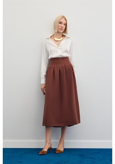 Sateen Pileli Midi Etek - Kahve-136478 Kahve