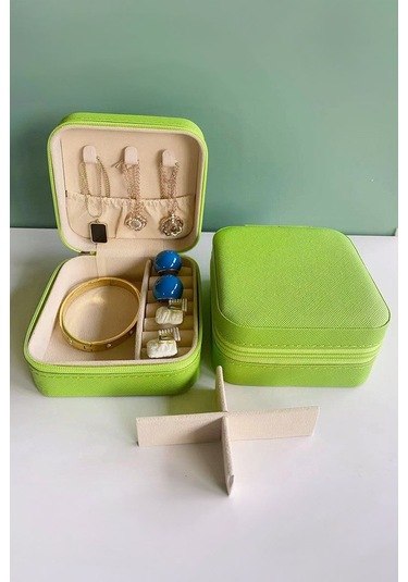Chavin Yeşi Deri Seyahat Yüzük Küpe Kolye Takı Kutusu St1-64ys Yeşil