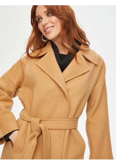 Beli Kuşaklı Yün Karışımlı Manto 69464 U6946434 Bej