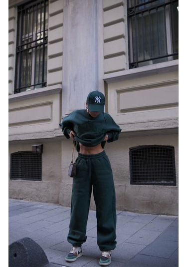 Reka Moda Bisiklet Yaka Nakış İşlemeli Üç İplik Sweat Takım - Yeşil Yeşil