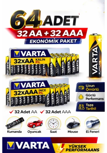 Aa + Aaa Pil 64'lı Set 32 Aa + 32 Aaa 1.5v Ekonomik Toplu Paket Çinko Karbon